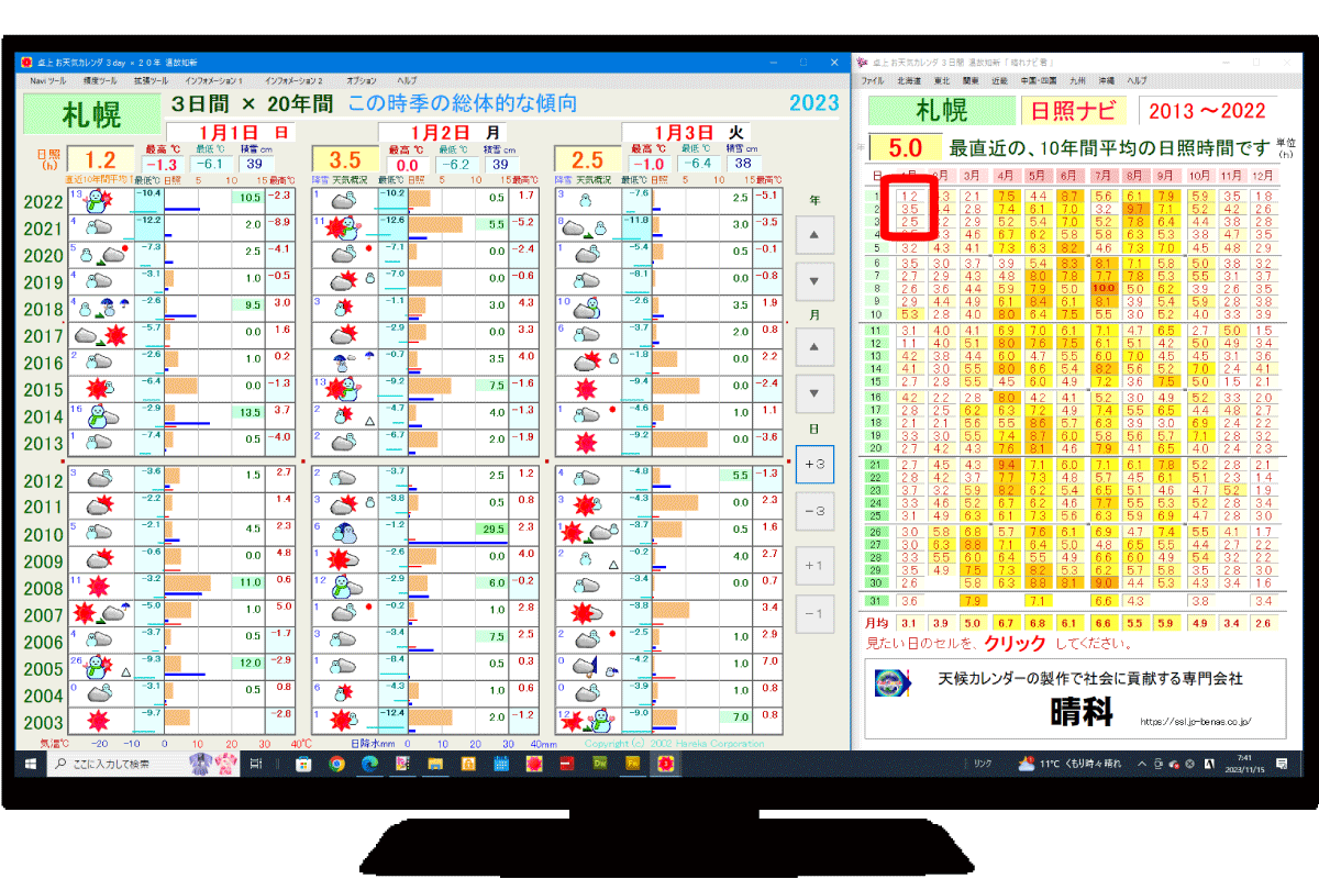 札幌卓上お天気カレンダ 3日間×詳細版